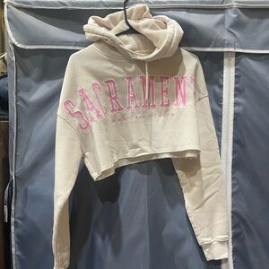 Forever 21 Cream Cropped Hoodie with Pink Lettering